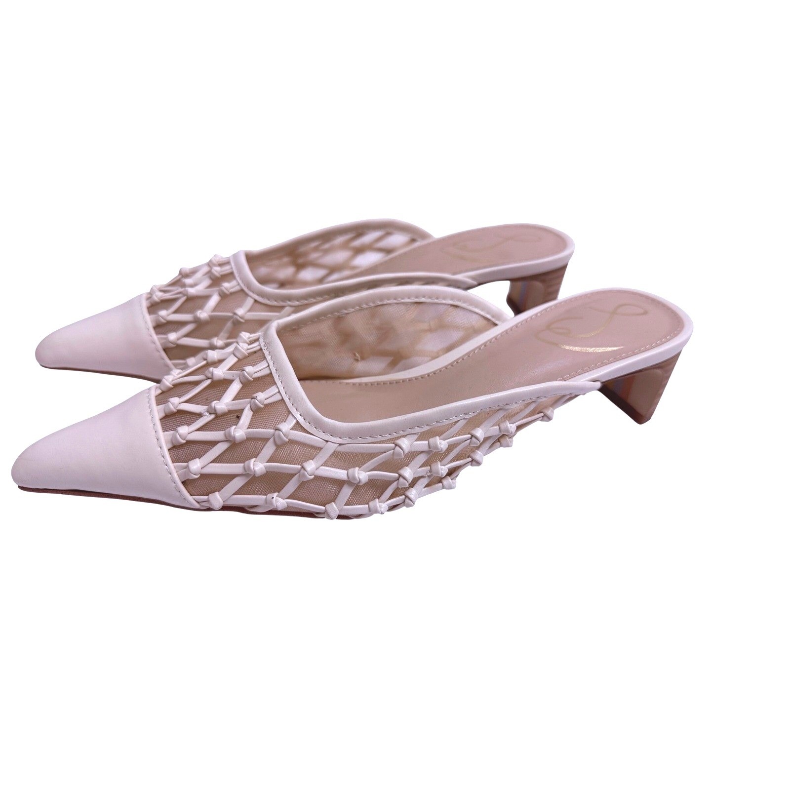 Sam Edelman Ivory Lattice Mesh Pointed Toe Block Heel Mules Womens Size 6.5